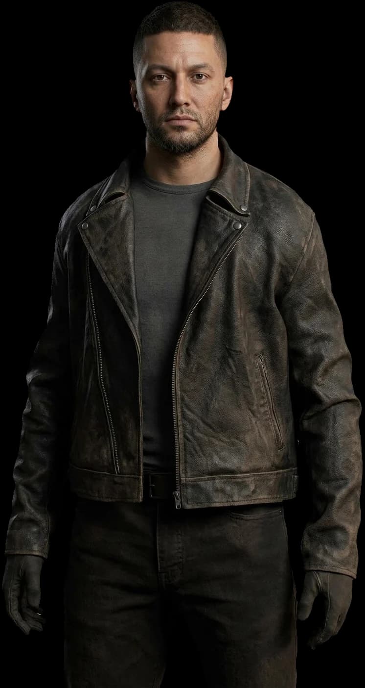 Detective Graham in a worn leather jacket and gloves